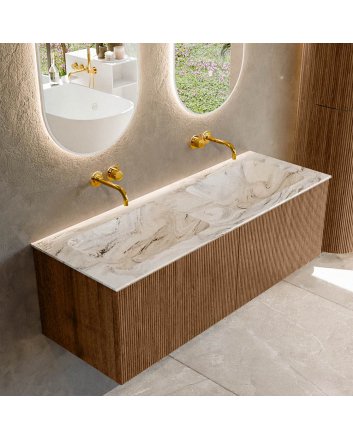 Mondiaz Kurve-Dlux 130cm badmeubel kleur Walnut met 2 lades en 0 deuren. Wastafel Leaf Dubbel zonder kraangat Glace.