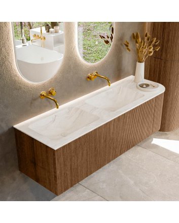 Mondiaz Kurve-Dlux 145cm badmeubel ronding Rechts kleur Walnut met 1 lade en 1 deur. Wastafel Leaf Dubbel / Links zonder kraangat Ostra.