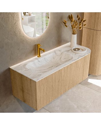 Mondiaz Kurve-Dlux 115cm badmeubel ronding Rechts kleur Oak met 1 lade en 1 deur. Wastafel Big small Links 1 kraangat Glace.