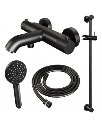 BRAUER Black Carving opbouw baddouche thermostaatkraan SET 02 met glijstang en 3-standen handdouche en doucheslang mat zwart