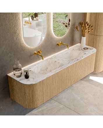 Mondiaz Kurve-Dlux 170cm badmeubel ronding Links + Rechts kleur Oak met 1 lade en 2 deuren. Wastafel Leaf Dubbel zonder kraangat Glace.