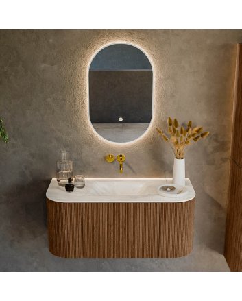 Mondiaz Kurve-Dlux 100cm badmeubel ronding Links + Rechts kleur Walnut met 1 lade en 2 deuren. Wastafel Grunne Midden zonder kraangat Ostra.