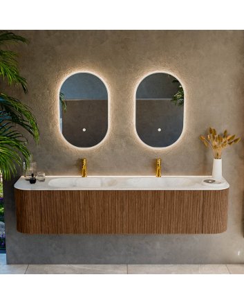Mondiaz Kurve-Dlux 190cm badmeubel ronding Links + Rechts kleur Walnut met 2 lades en 2 deuren. Wastafel Stor small Dubbel 2 kraangaten Opalo.