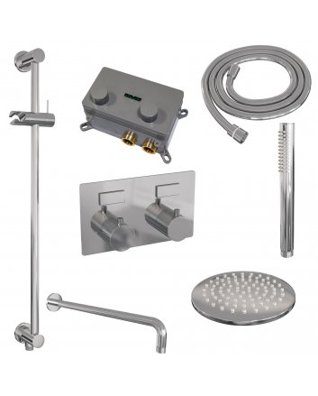 BRAUER Chrome Carving thermostatische inbouw regendouche met drukknoppen SET 63 met 20 cm douchekop en gebogen muurarm en staaf handdouche en doucheslang en geïntegreerde glijstang chroom