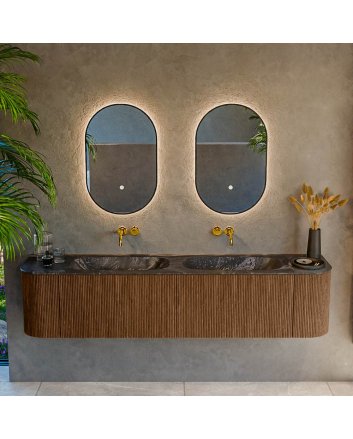 Mondiaz Kurve-Dlux 190cm badmeubel ronding Links + Rechts kleur Walnut met 2 lades en 2 deuren. Wastafel Stor small Dubbel zonder kraangat Lava.