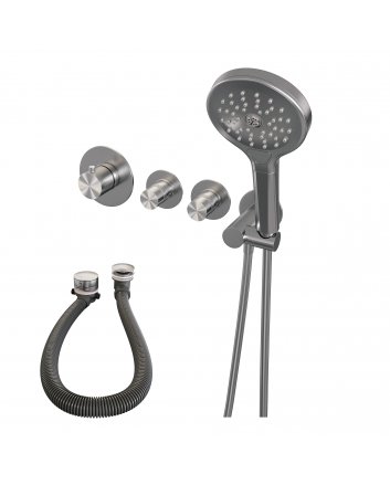 BRAUER Brushed Edition thermostatische inbouw badkraan SET 02 met badvulcombinatie en 3-standen handdouche en doucheslang en wandaansluitbocht RVS geborsteld PVD