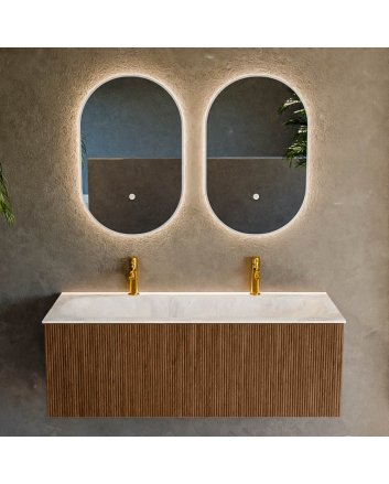 Mondiaz Kurve-Dlux 120cm badmeubel kleur Walnut met 1 lade en 0 deuren. Wastafel Big large Midden 2 kraangaten Frappe.