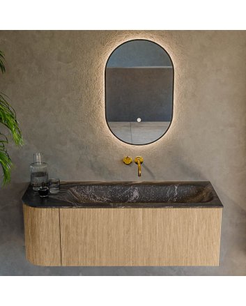 Mondiaz Kurve-Dlux 125cm badmeubel ronding Links kleur Oak met 1 lade en 1 deur. Wastafel Big medium Rechts zonder kraangat Lava.