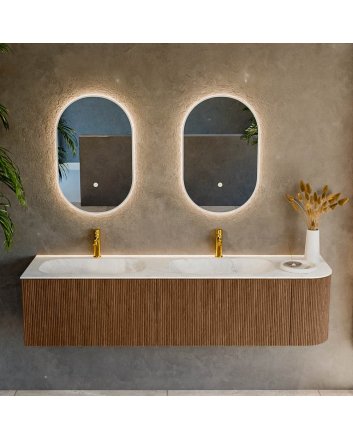 Mondiaz Kurve-Dlux 175cm badmeubel ronding Rechts kleur Walnut met 2 lades en 1 deur. Wastafel Stor small Dubbel / Links 2 kraangaten Opalo.