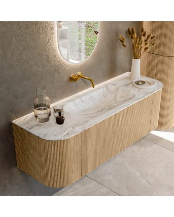Mondiaz Kurve-Dlux 140cm badmeubel ronding Links + Rechts kleur Oak met 1 lade en 2 deuren. Wastafel Big small Midden zonder kraangat Glace.