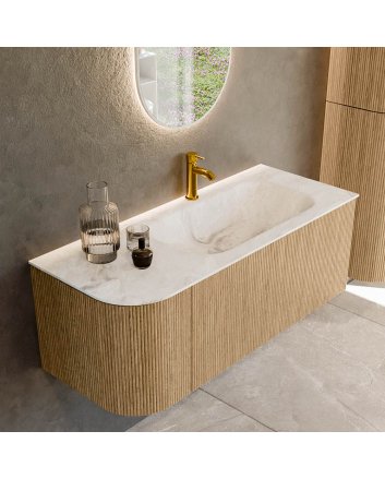 Mondiaz Kurve-Dlux 115cm badmeubel ronding Links kleur Oak met 1 lade en 1 deur. Wastafel Big small Rechts 1 kraangat Frappe.