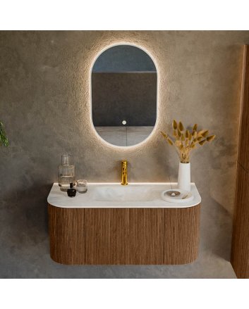 Mondiaz Kurve-Dlux 100cm badmeubel ronding Links + Rechts kleur Walnut met 1 lade en 2 deuren. Wastafel Grunne Midden 1 kraangat Opalo.