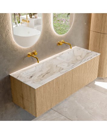 Mondiaz Kurve-Dlux 130cm badmeubel kleur Oak met 2 lades en 0 deuren. Wastafel Leaf Dubbel zonder kraangat Glace.