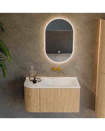 Mondiaz Kurve-Dlux 85cm badmeubel ronding Links kleur Oak met 1 lade en 1 deur. Wastafel Cloud Rechts zonder kraangat Ostra.