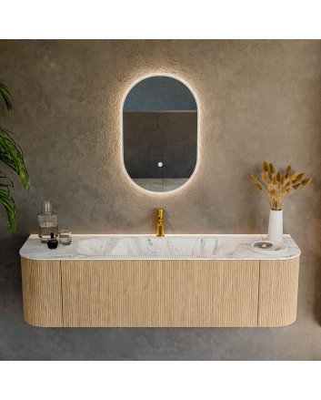 Mondiaz Kurve-Dlux 160cm badmeubel ronding Links + Rechts kleur Oak met 1 lade en 2 deuren. Wastafel Big medium Midden 1 kraangat Glace.