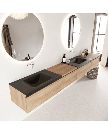 Mondiaz Bukla 280cm badmeubel met module 60 links kleur Washed Oak met 4 lades. Wastafel Cloud dubbel 0 kraangaten kleur Urban.