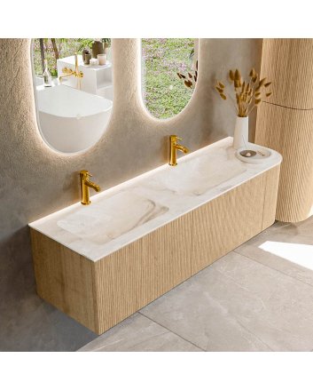 Mondiaz Kurve-Dlux 155cm badmeubel ronding Rechts kleur Oak met 2 lades en 1 deur. Wastafel Leaf Dubbel / Links 2 kraangaten Frappe.