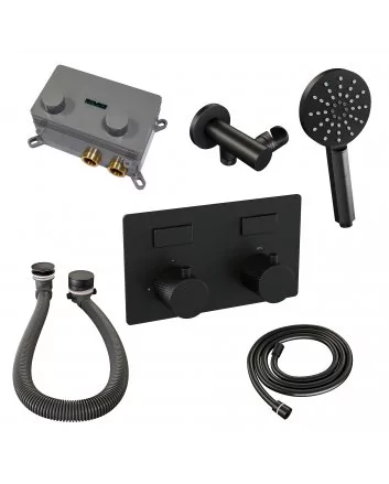 BRAUER Black Carving thermostatische inbouw badkraan met drukknoppen SET 04 met badvulcombinatie en 3-standen handdouche en doucheslang en wandaansluitbocht mat zwart