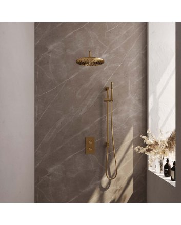 BRAUER Gold Carving thermostatische inbouw regendouche 3-weg omstelling SET 40 met 30 cm douchekop en gebogen muurarm en staaf handdouche en doucheslang en geïntegreerde glijstang goud geborsteld PVD