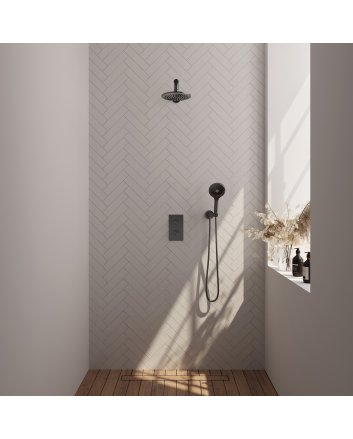 BRAUER Gunmetal Carving thermostatische inbouw regendouche 3-weg omstelling SET 31 met 20 cm douchekop en rechte muurarm en 3-standen handdouche en doucheslang en wandaansluitbocht gunmetal geborsteld PVD