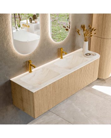 Mondiaz Kurve-Dlux 155cm badmeubel ronding Rechts kleur Oak met 2 lades en 1 deur. Wastafel Leaf Dubbel / Links 2 kraangaten Ostra.