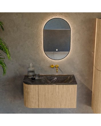 Mondiaz Kurve-Dlux 85cm badmeubel ronding Links kleur Oak met 1 lade en 1 deur. Wastafel Cloud Rechts zonder kraangat Lava.