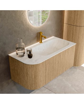 Mondiaz Kurve-Dlux 95cm badmeubel ronding Links kleur Oak met 1 lade en 1 deur. Wastafel Big small Rechts 1 kraangat Opalo.