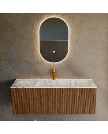 Mondiaz Kurve-Dlux 120cm badmeubel kleur Walnut met 1 lade en 0 deuren. Wastafel Big large Midden 1 kraangat Glace.