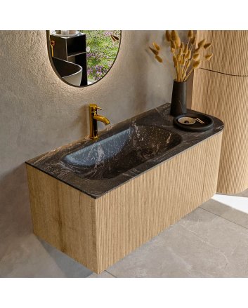 Mondiaz Kurve-Dlux 105cm badmeubel ronding Rechts kleur Oak met 1 lade en 1 deur. Wastafel Big small Links 1 kraangat Lava.