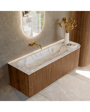 Mondiaz Kurve-Dlux 135cm badmeubel ronding Rechts kleur Walnut met 1 lade en 1 deur. Wastafel Big medium Links zonder kraangat Glace.