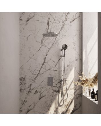 BRAUER Chrome Edition thermostatische inbouw regendouche 3-weg omstelling SET 46 met 30 cm douchekop en gebogen muurarm en 3-standen handdouche en doucheslang en geïntegreerde glijstang chroom