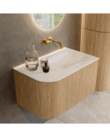 Mondiaz Kurve-Dlux 75cm badmeubel ronding Links kleur Oak met 1 lade en 1 deur. Wastafel Grunne Rechts zonder kraangat Ostra.