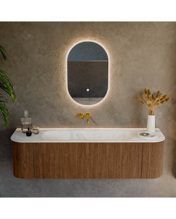 Mondiaz Kurve-Dlux 160cm badmeubel ronding Links + Rechts kleur Walnut met 1 lade en 2 deuren. Wastafel Big medium Midden zonder kraangat Opalo.