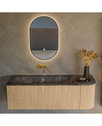 Mondiaz Kurve-Dlux 135cm badmeubel ronding Rechts kleur Oak met 1 lade en 1 deur. Wastafel Big medium Links zonder kraangat Lava.