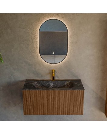 Mondiaz Kurve-Dlux 90cm badmeubel kleur Walnut met 1 lade en 0 deuren. Wastafel Big small Midden 1 kraangat Lava.