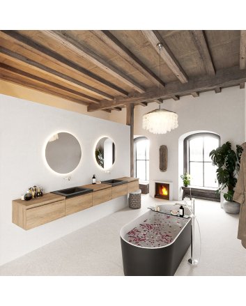 Mondiaz Bukla 300cm badmeubel met module 60 kleur Washed Oak met 5 lades. Wastafel Cloud dubbel 0 kraangaten kleur Urban.