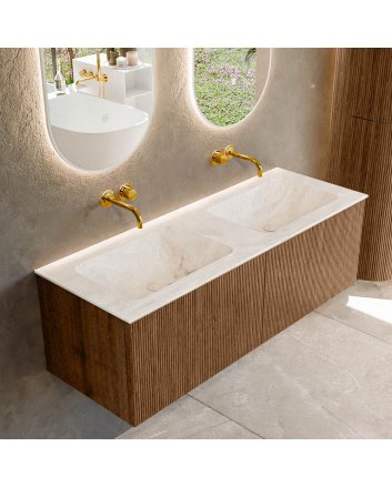 Mondiaz Kurve-Dlux 130cm badmeubel kleur Walnut met 2 lades en 0 deuren. Wastafel Leaf Dubbel zonder kraangat Frappe.