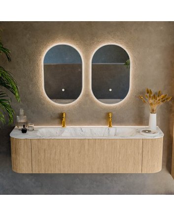 Mondiaz Kurve-Dlux 170cm badmeubel ronding Links + Rechts kleur Oak met 1 lade en 2 deuren. Wastafel Big large Midden 2 kraangaten Glace.