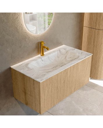 Mondiaz Kurve-Dlux 90cm badmeubel kleur Oak met 1 lade en 0 deuren. Wastafel Big small Midden 1 kraangat Glace.