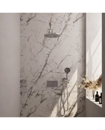 BRAUER Chrome Carving thermostatische inbouw regendouche met drukknoppen SET 58 met 30 cm douchekop en gebogen muurarm en 3-standen handdouche en doucheslang en wandaansluitbocht chroom