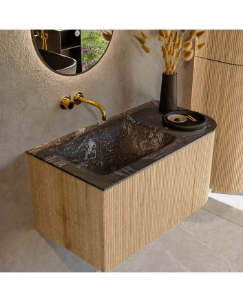 Mondiaz Kurve-Dlux 85cm badmeubel ronding Rechts kleur Oak met 1 lade en 1 deur. Wastafel Cloud Links zonder kraangat Lava.