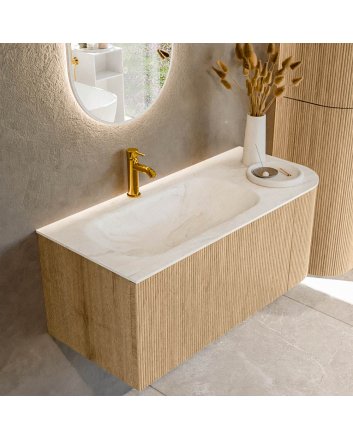 Mondiaz Kurve-Dlux 105cm badmeubel ronding Rechts kleur Oak met 1 lade en 1 deur. Wastafel Big small Links 1 kraangat Ostra.