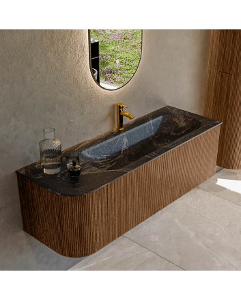 Mondiaz Kurve-Dlux 135cm badmeubel ronding Links kleur Walnut met 1 lade en 1 deur. Wastafel Big medium Rechts 1 kraangat Lava.