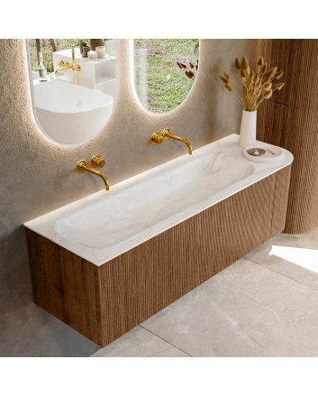 Mondiaz Kurve-Dlux 145cm badmeubel ronding Rechts kleur Walnut met 1 lade en 1 deur. Wastafel Big large Links zonder kraangat Ostra.