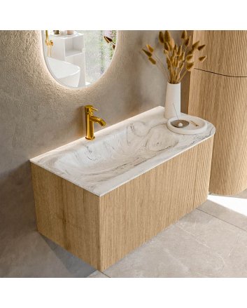 Mondiaz Kurve-Dlux 95cm badmeubel ronding Rechts kleur Oak met 1 lade en 1 deur. Wastafel Big small Links 1 kraangat Glace.