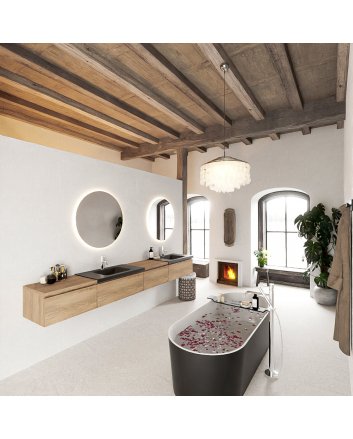 Mondiaz Bukla 280cm badmeubel met module 60 rechts kleur Washed Oak met 4 lades. Wastafel Cloud dubbel 2 kraangaten kleur Urban.