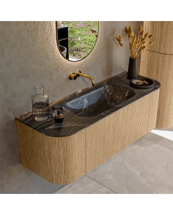 Mondiaz Kurve-Dlux 130cm badmeubel ronding Links + Rechts kleur Oak met 1 lade en 2 deuren. Wastafel Big small Midden zonder kraangat Lava.