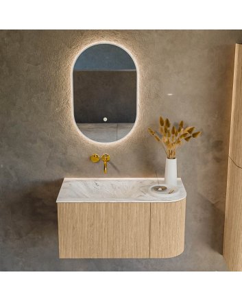 Mondiaz Kurve-Dlux 85cm badmeubel ronding Rechts kleur Oak met 1 lade en 1 deur. Wastafel Cloud Links zonder kraangat Glace.