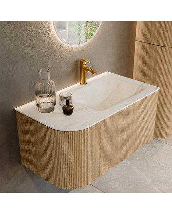 Mondiaz Kurve-Dlux 85cm badmeubel ronding Links kleur Oak met 1 lade en 1 deur. Wastafel Cloud Rechts 1 kraangat Ostra.
