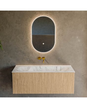 Mondiaz Kurve-Dlux 110cm badmeubel kleur Oak met 1 lade en 0 deuren. Wastafel Big medium Midden zonder kraangat Glace.